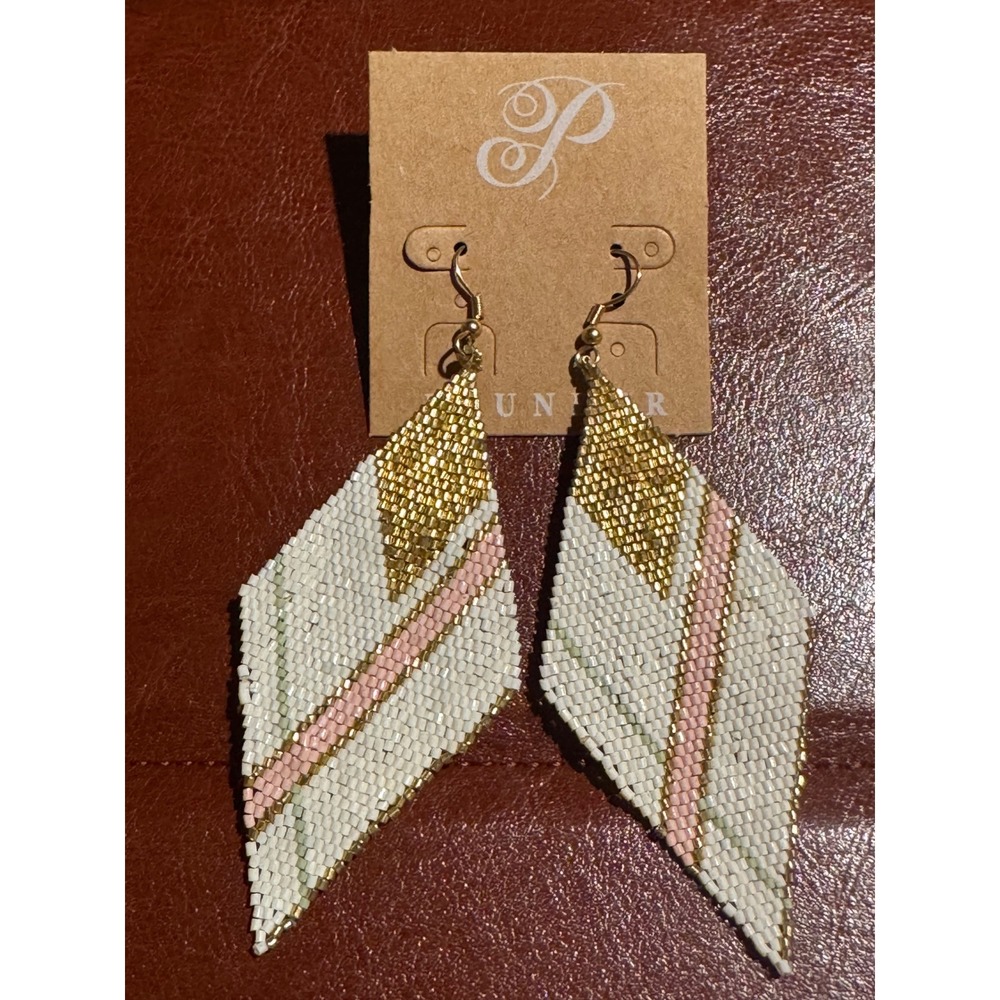 Plunder Beaded Diamond Drop Earrings Gold Cream Pink Geometric Boho Statement